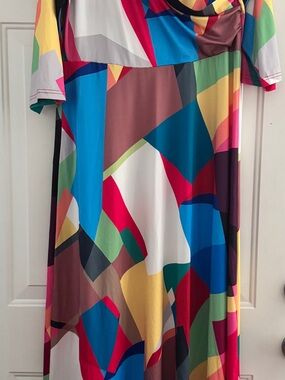Locryz Women’s XL Faux Wrap Dress Abstract Geometric Colorblock Retro Mod Funky